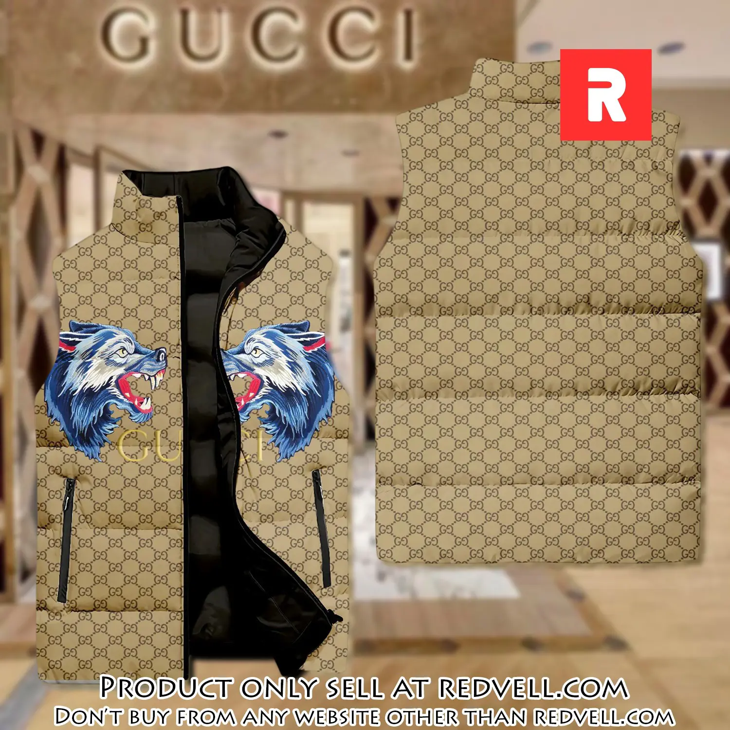 Gucci wolf yellow monogram luxury brand 3d sleeveless down jacket rv5340195